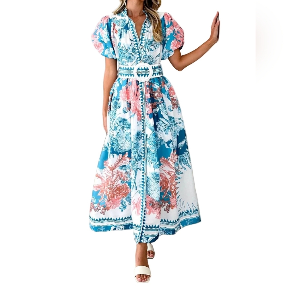 Garden Floral Button-Up Mock Neck Puff Sleeve Wide Belt Slit Front Maxi Dress - Picture 7 of 12